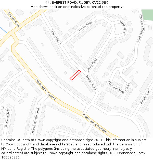 44, EVEREST ROAD, RUGBY, CV22 6EX: Location map and indicative extent of plot