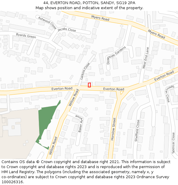 44, EVERTON ROAD, POTTON, SANDY, SG19 2PA: Location map and indicative extent of plot