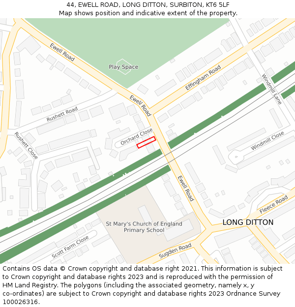 44, EWELL ROAD, LONG DITTON, SURBITON, KT6 5LF: Location map and indicative extent of plot