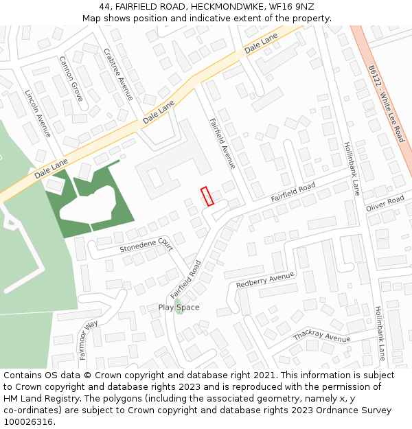 44, FAIRFIELD ROAD, HECKMONDWIKE, WF16 9NZ: Location map and indicative extent of plot