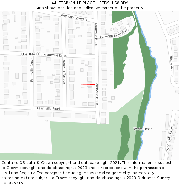 44, FEARNVILLE PLACE, LEEDS, LS8 3DY: Location map and indicative extent of plot