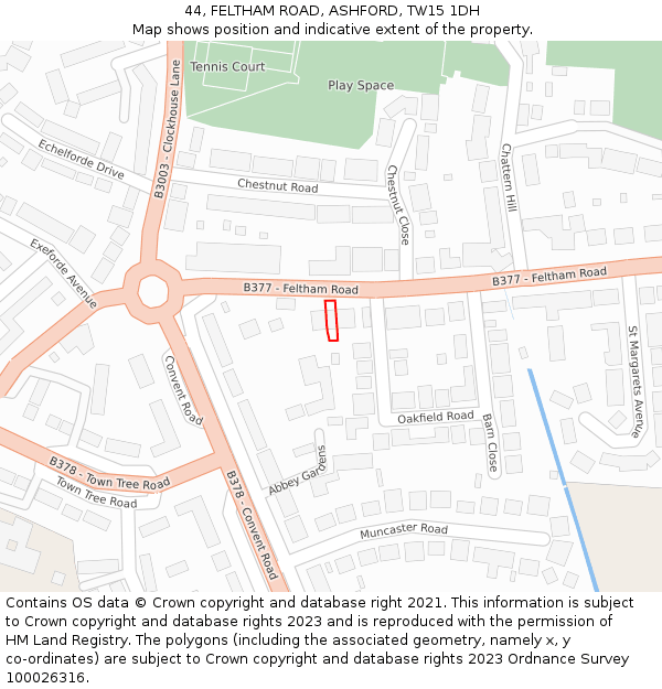 44, FELTHAM ROAD, ASHFORD, TW15 1DH: Location map and indicative extent of plot