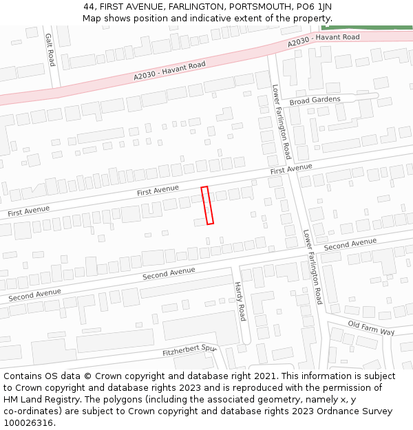 44, FIRST AVENUE, FARLINGTON, PORTSMOUTH, PO6 1JN: Location map and indicative extent of plot