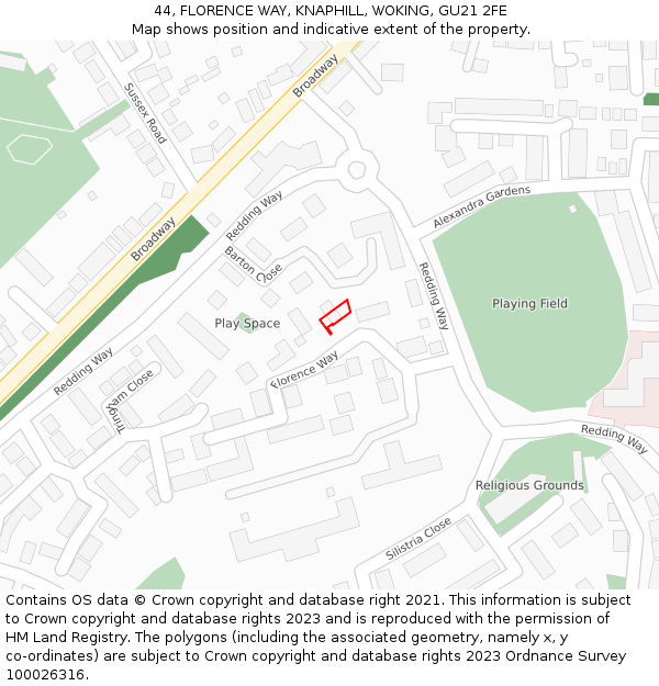 44, FLORENCE WAY, KNAPHILL, WOKING, GU21 2FE: Location map and indicative extent of plot