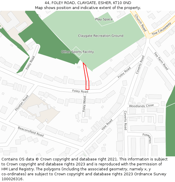 44, FOLEY ROAD, CLAYGATE, ESHER, KT10 0ND: Location map and indicative extent of plot