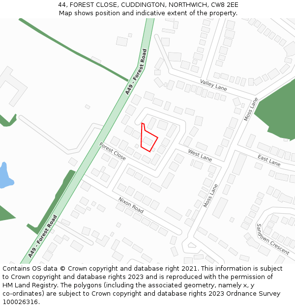 44, FOREST CLOSE, CUDDINGTON, NORTHWICH, CW8 2EE: Location map and indicative extent of plot