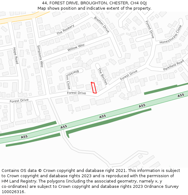 44, FOREST DRIVE, BROUGHTON, CHESTER, CH4 0QJ: Location map and indicative extent of plot