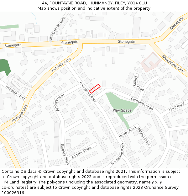 44, FOUNTAYNE ROAD, HUNMANBY, FILEY, YO14 0LU: Location map and indicative extent of plot