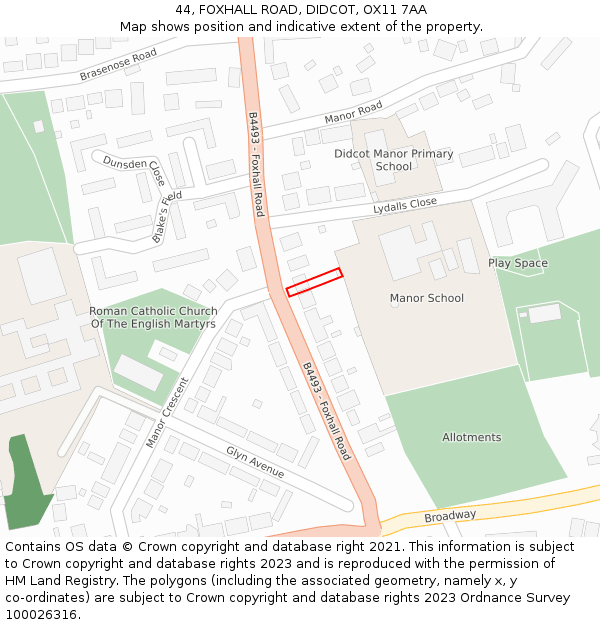 44, FOXHALL ROAD, DIDCOT, OX11 7AA: Location map and indicative extent of plot