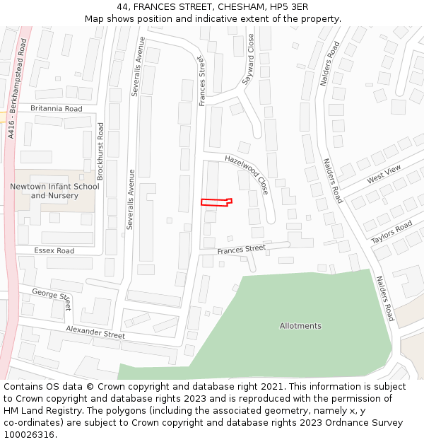 44, FRANCES STREET, CHESHAM, HP5 3ER: Location map and indicative extent of plot