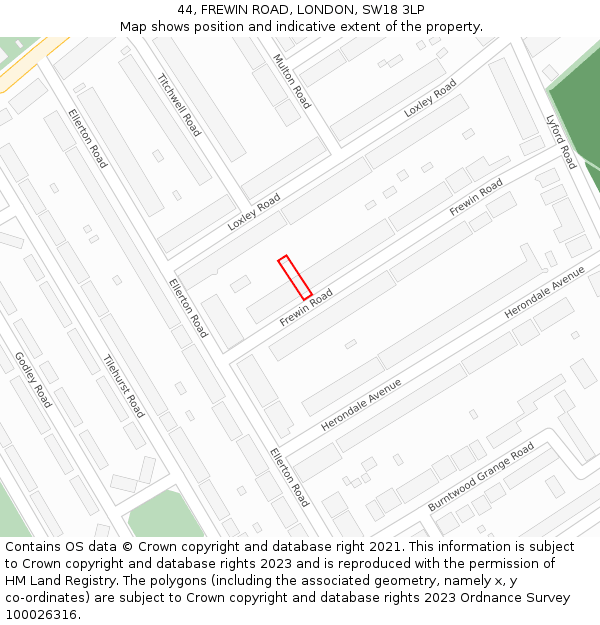 44, FREWIN ROAD, LONDON, SW18 3LP: Location map and indicative extent of plot