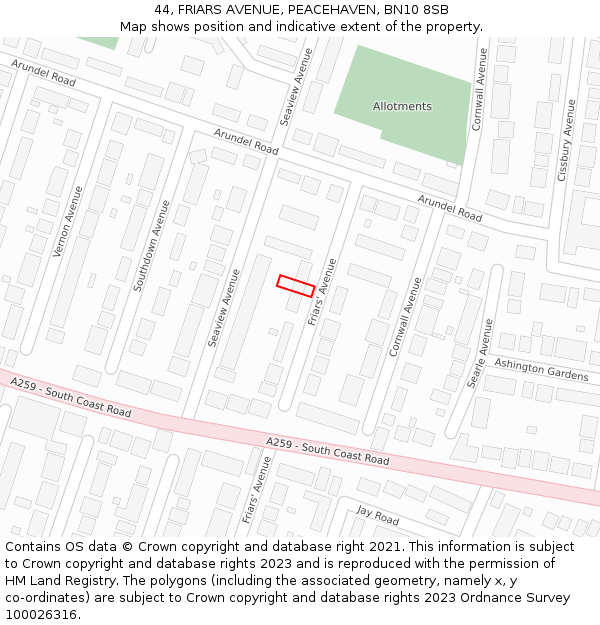 44, FRIARS AVENUE, PEACEHAVEN, BN10 8SB: Location map and indicative extent of plot