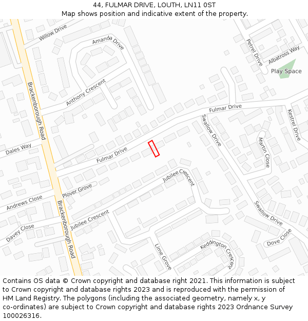 44, FULMAR DRIVE, LOUTH, LN11 0ST: Location map and indicative extent of plot