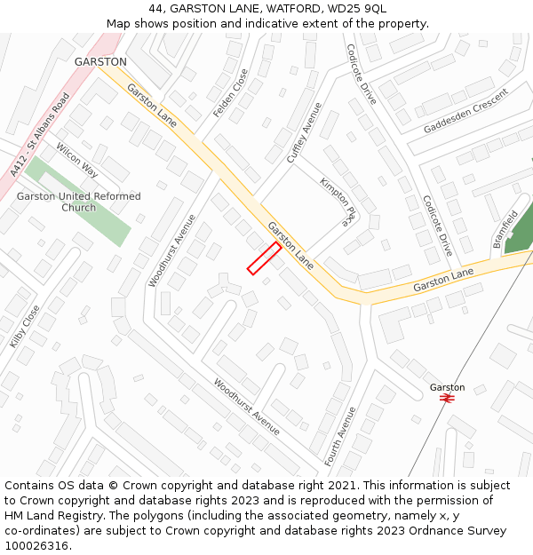 44, GARSTON LANE, WATFORD, WD25 9QL: Location map and indicative extent of plot