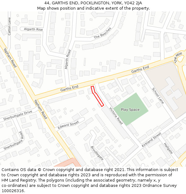 44, GARTHS END, POCKLINGTON, YORK, YO42 2JA: Location map and indicative extent of plot