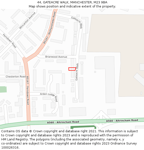 44, GATEACRE WALK, MANCHESTER, M23 9BA: Location map and indicative extent of plot