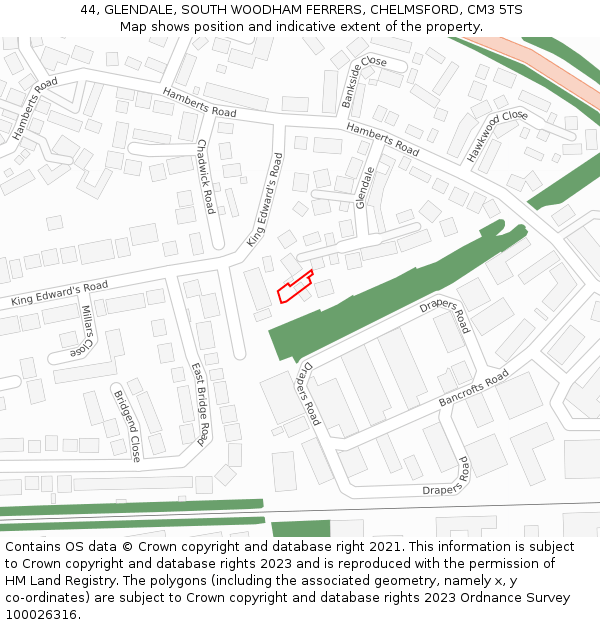 44, GLENDALE, SOUTH WOODHAM FERRERS, CHELMSFORD, CM3 5TS: Location map and indicative extent of plot