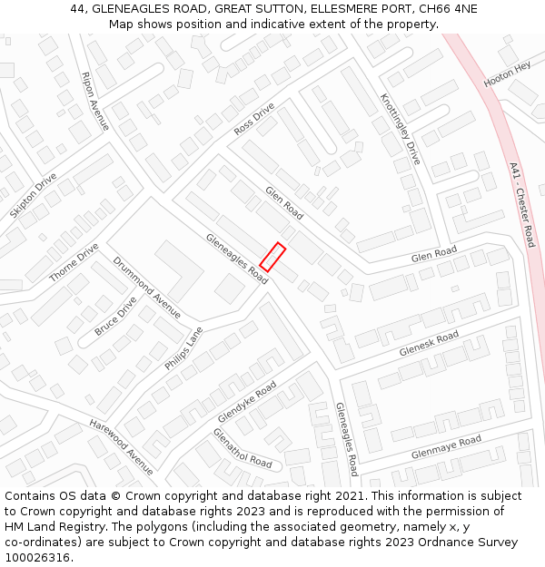 44, GLENEAGLES ROAD, GREAT SUTTON, ELLESMERE PORT, CH66 4NE: Location map and indicative extent of plot