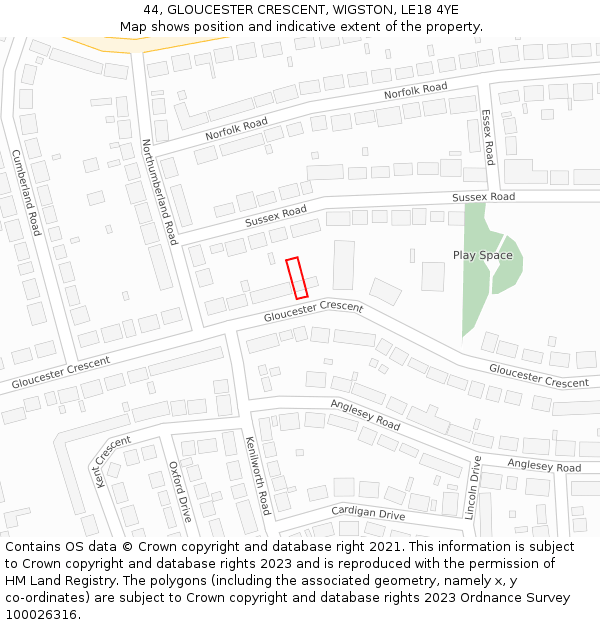 44, GLOUCESTER CRESCENT, WIGSTON, LE18 4YE: Location map and indicative extent of plot