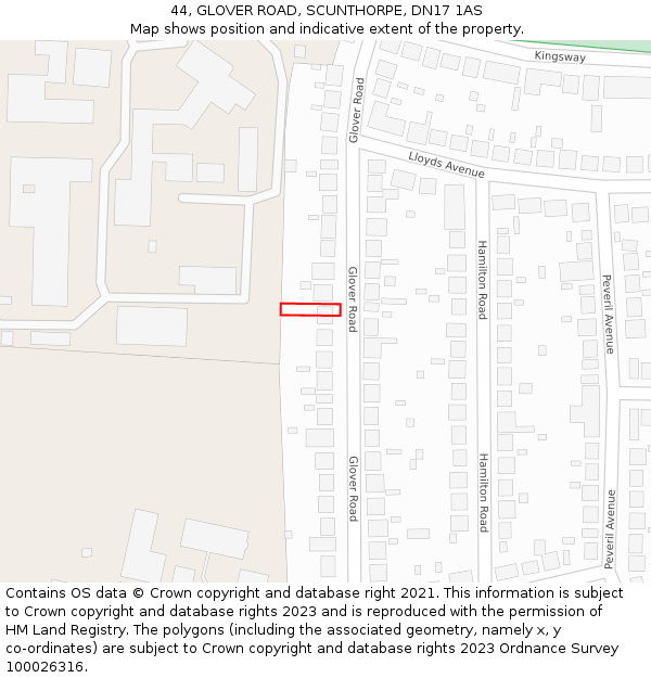 44, GLOVER ROAD, SCUNTHORPE, DN17 1AS: Location map and indicative extent of plot