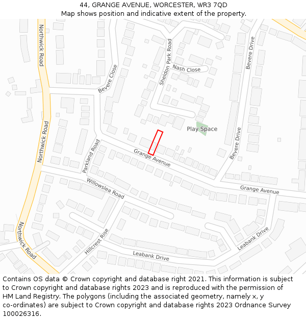 44, GRANGE AVENUE, WORCESTER, WR3 7QD: Location map and indicative extent of plot