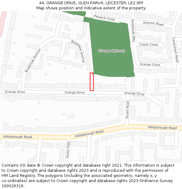 44, GRANGE DRIVE, GLEN PARVA, LEICESTER, LE2 9PF: Location map and indicative extent of plot
