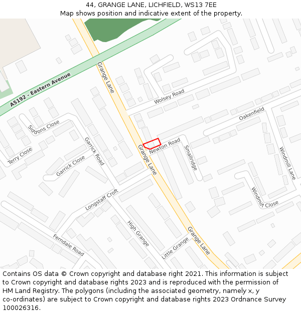 44, GRANGE LANE, LICHFIELD, WS13 7EE: Location map and indicative extent of plot