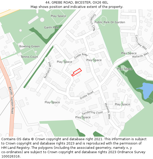 44, GREBE ROAD, BICESTER, OX26 6EL: Location map and indicative extent of plot