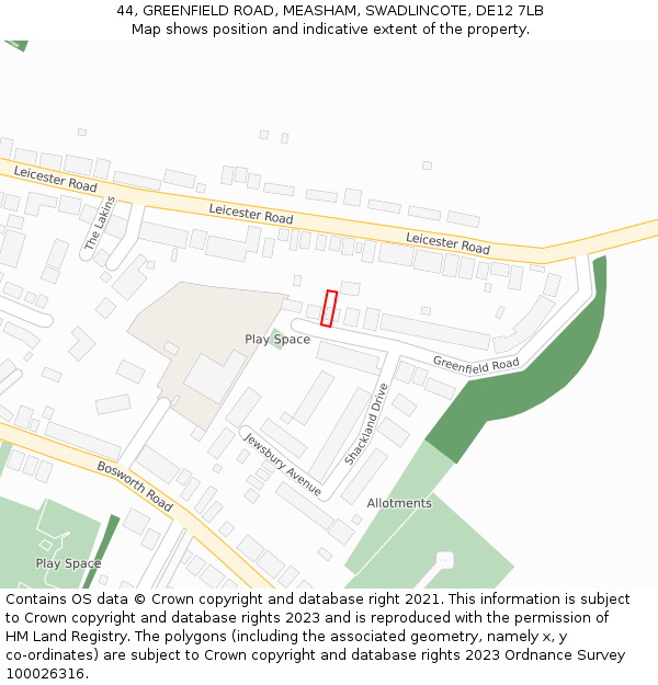 44, GREENFIELD ROAD, MEASHAM, SWADLINCOTE, DE12 7LB: Location map and indicative extent of plot