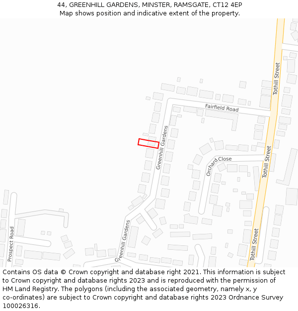 44, GREENHILL GARDENS, MINSTER, RAMSGATE, CT12 4EP: Location map and indicative extent of plot