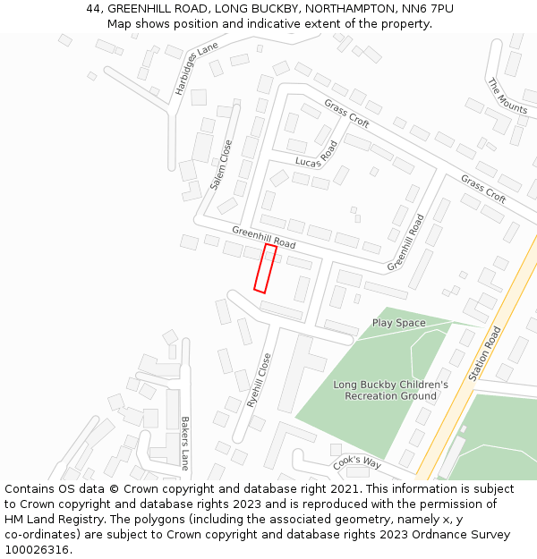 44, GREENHILL ROAD, LONG BUCKBY, NORTHAMPTON, NN6 7PU: Location map and indicative extent of plot