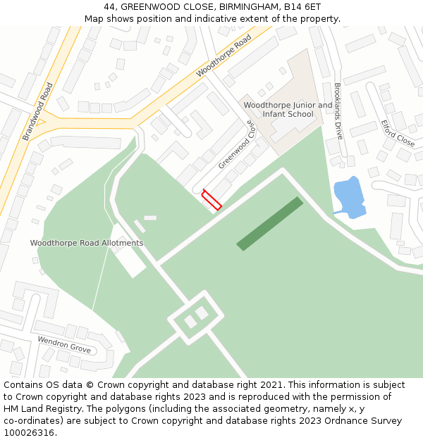 44, GREENWOOD CLOSE, BIRMINGHAM, B14 6ET: Location map and indicative extent of plot