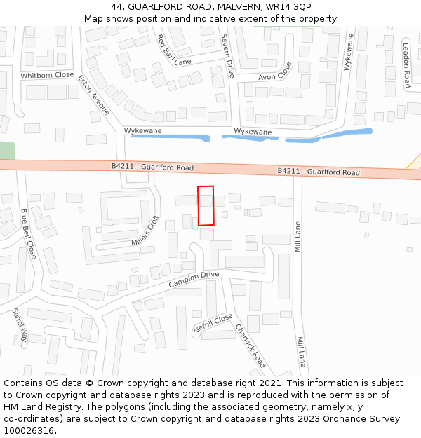 44, GUARLFORD ROAD, MALVERN, WR14 3QP: Location map and indicative extent of plot