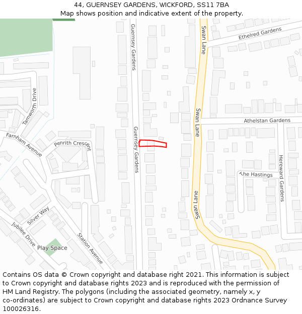 44, GUERNSEY GARDENS, WICKFORD, SS11 7BA: Location map and indicative extent of plot