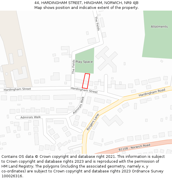 44, HARDINGHAM STREET, HINGHAM, NORWICH, NR9 4JB: Location map and indicative extent of plot