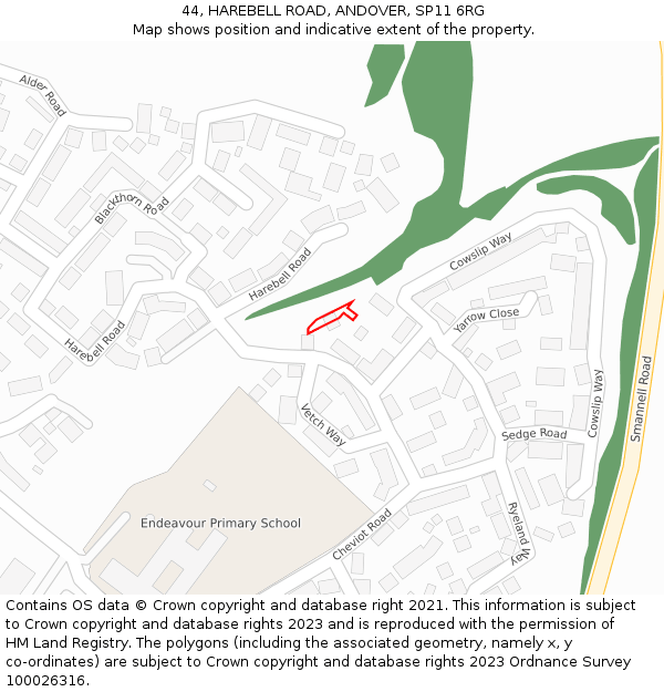 44, HAREBELL ROAD, ANDOVER, SP11 6RG: Location map and indicative extent of plot