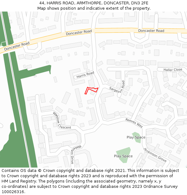 44, HARRIS ROAD, ARMTHORPE, DONCASTER, DN3 2FE: Location map and indicative extent of plot