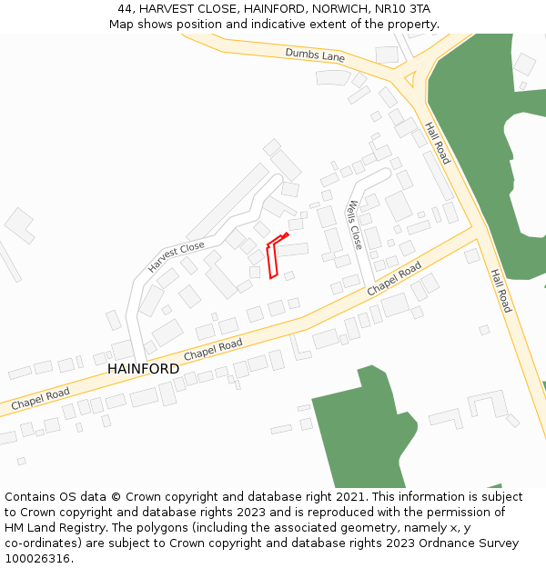 44, HARVEST CLOSE, HAINFORD, NORWICH, NR10 3TA: Location map and indicative extent of plot