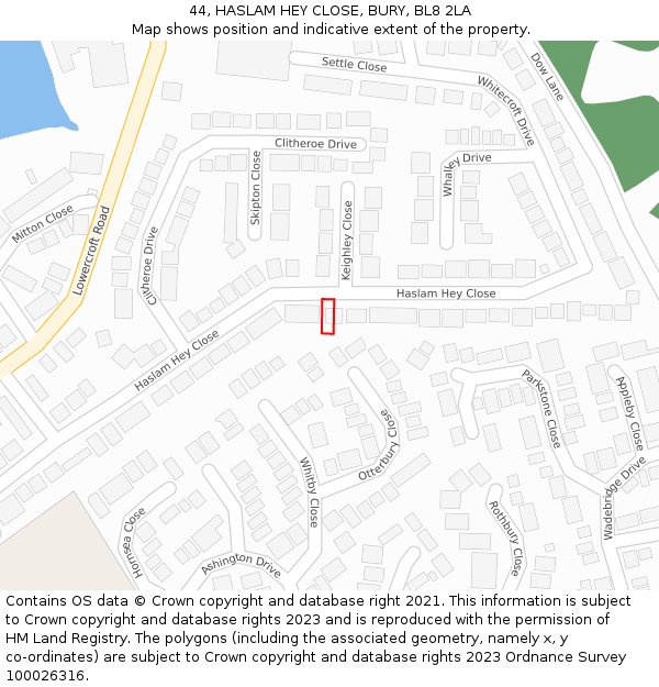 44, HASLAM HEY CLOSE, BURY, BL8 2LA: Location map and indicative extent of plot