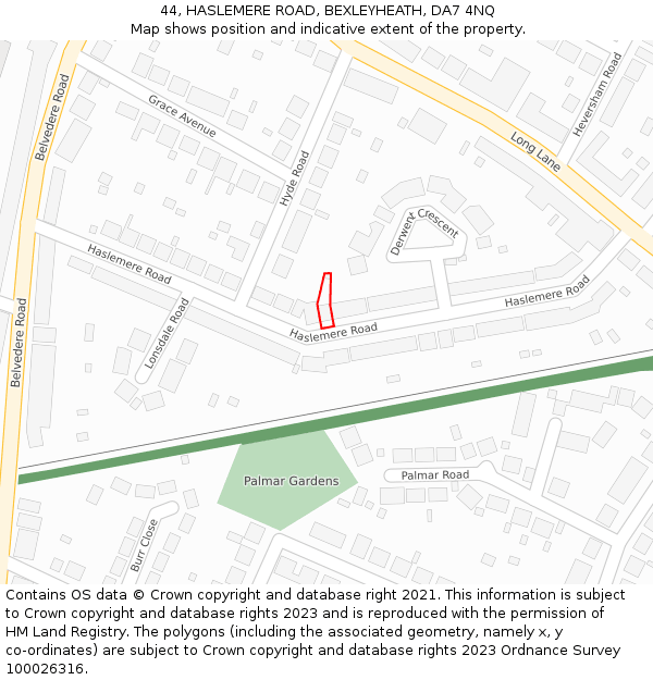 44, HASLEMERE ROAD, BEXLEYHEATH, DA7 4NQ: Location map and indicative extent of plot