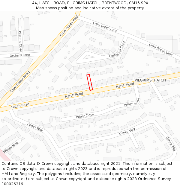 44, HATCH ROAD, PILGRIMS HATCH, BRENTWOOD, CM15 9PX: Location map and indicative extent of plot