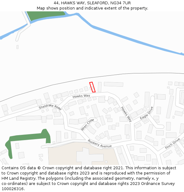 44, HAWKS WAY, SLEAFORD, NG34 7UR: Location map and indicative extent of plot