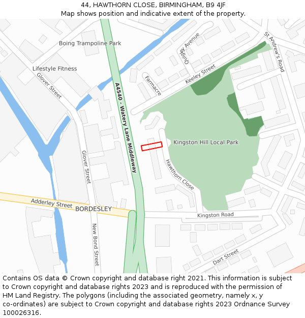 44, HAWTHORN CLOSE, BIRMINGHAM, B9 4JF: Location map and indicative extent of plot