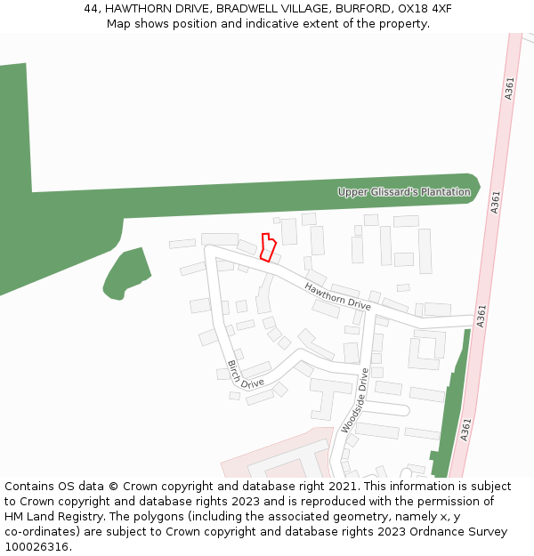 44, HAWTHORN DRIVE, BRADWELL VILLAGE, BURFORD, OX18 4XF: Location map and indicative extent of plot