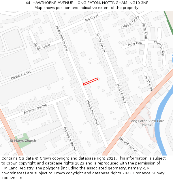 44, HAWTHORNE AVENUE, LONG EATON, NOTTINGHAM, NG10 3NF: Location map and indicative extent of plot