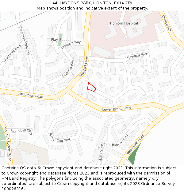 44, HAYDONS PARK, HONITON, EX14 2TA: Location map and indicative extent of plot