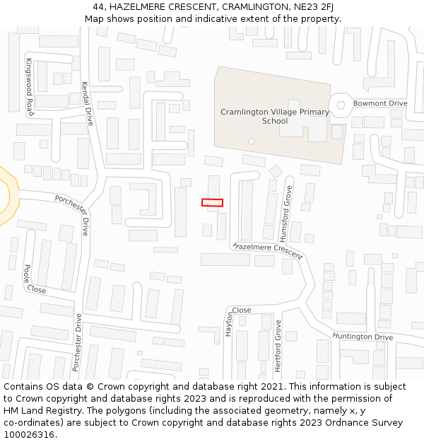 44, HAZELMERE CRESCENT, CRAMLINGTON, NE23 2FJ: Location map and indicative extent of plot