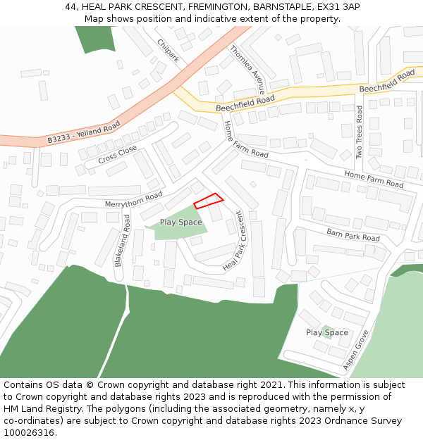 44, HEAL PARK CRESCENT, FREMINGTON, BARNSTAPLE, EX31 3AP: Location map and indicative extent of plot