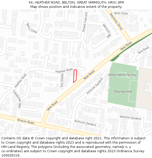 44, HEATHER ROAD, BELTON, GREAT YARMOUTH, NR31 9PR: Location map and indicative extent of plot