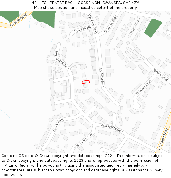 44, HEOL PENTRE BACH, GORSEINON, SWANSEA, SA4 4ZA: Location map and indicative extent of plot